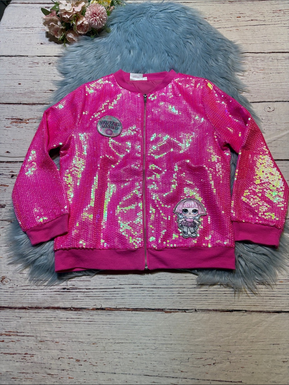 LOL Surprise! Girls' Pink Sequin Zip-Up Jacket with Doll Patch Sz XL